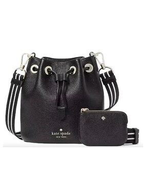 kate spade Black Pebbled Leather Drawstring Bucket Crossbody with Striped Strap